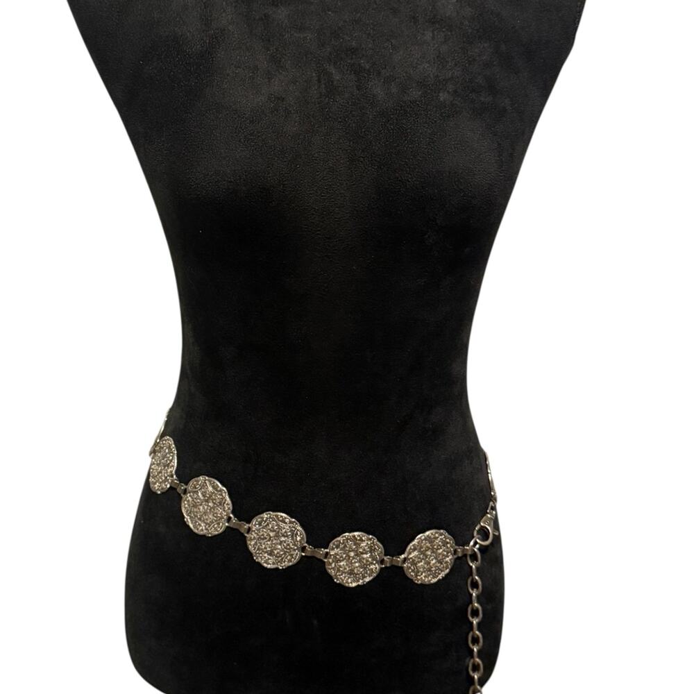 Vintage Style Silver Tone Medallion Chain Belt Boho Western Disc Adjustable 42”